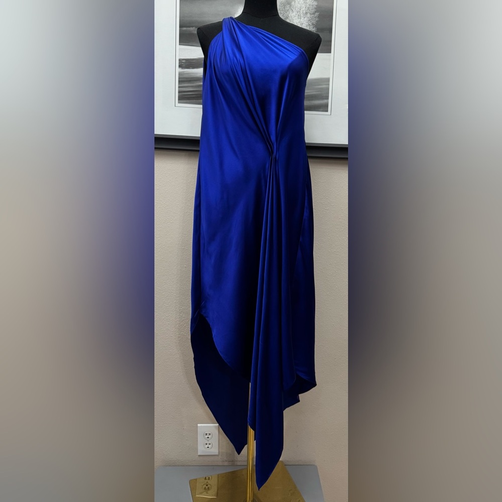 Kes Womens Silk CORAL SINGLE SHOULDER DRAPE DRESS - Azure NWT Retail 545.00